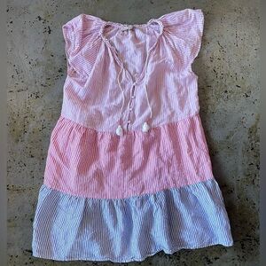 LOFT Swing Dress Size Large Multi Striped Tiered Linen Blend Babydoll Tasseled
